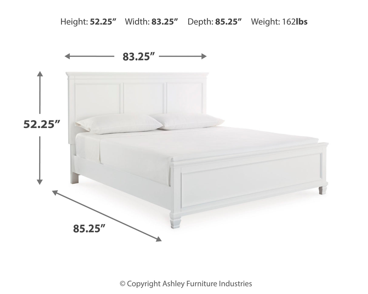 Fortman King Panel Bed with Mirrored Dresser, Chest and 2 Nightstands in White from Ashley Furniture - Luna Furniture