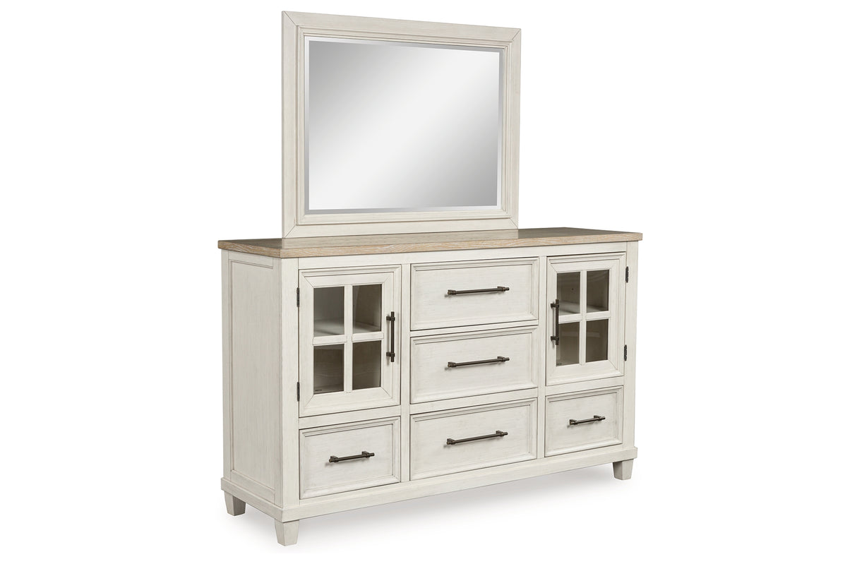 Shaybrock King Panel Bed with Mirrored Dresser, Chest and 2 Nightstands in Antique White from Ashley - Luna Furniture