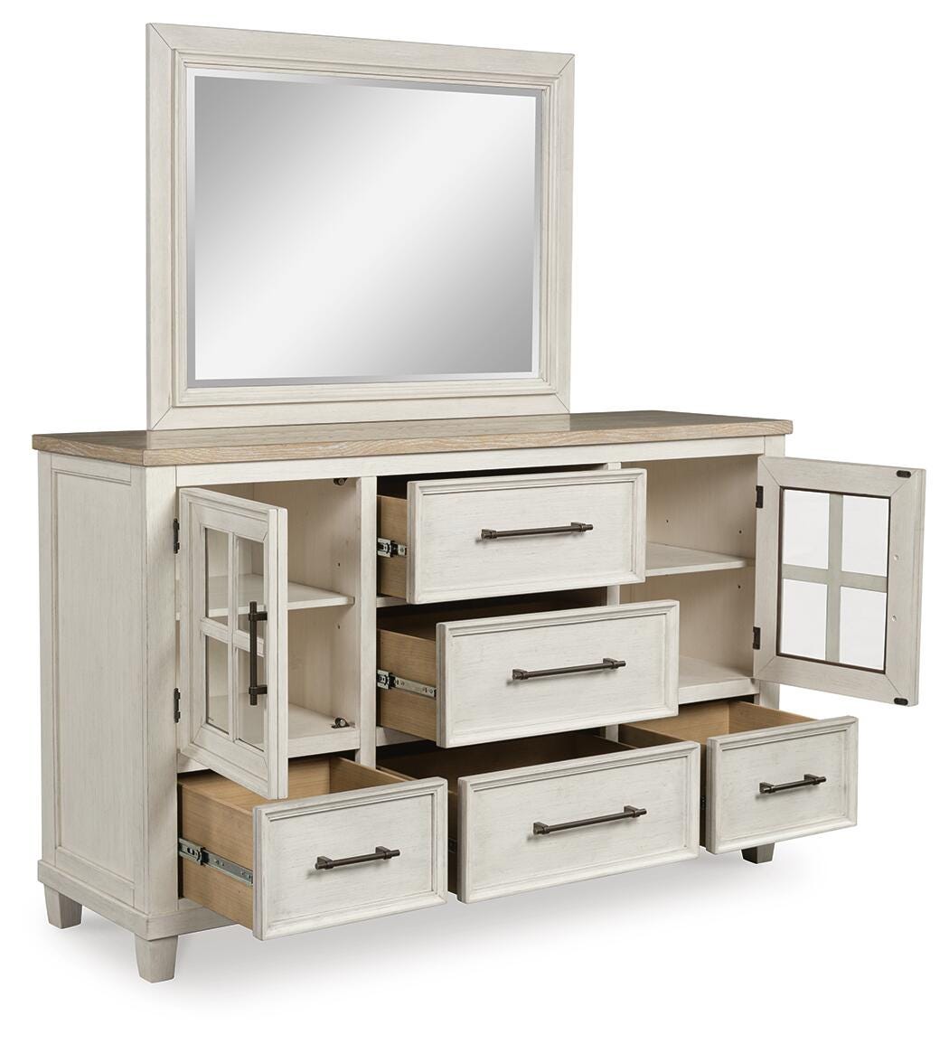 Shaybrock Antiqued White and Light Gray Wood Queen Panel Bed, Dresser, Mirror and Nightstand from Ashley - Luna Furniture