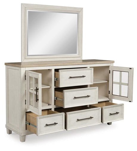 Shaybrock Antiqued White and Light Gray Wood Queen Panel Bed, Dresser, Mirror and Nightstand from Ashley - Luna Furniture