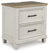 Shaybrock Antiqued White and Light Gray Wood Queen Panel Bed, Dresser, Mirror and Nightstand from Ashley - Luna Furniture