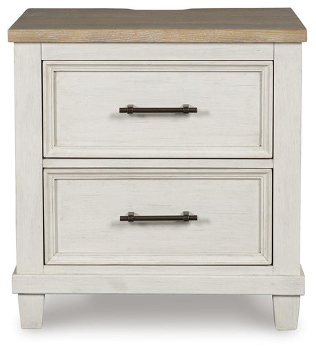 Shaybrock Antiqued White and Light Gray Wood Queen Panel Bed, Dresser, Mirror and Nightstand from Ashley - Luna Furniture