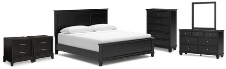Lanolee King Panel Bed with Mirrored Dresser, Chest and 2 Nightstands in Black from Ashley - Luna Furniture
