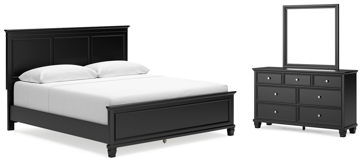 Lanolee King Panel Bed with Mirrored Dresser in Black from Ashley - Luna Furniture