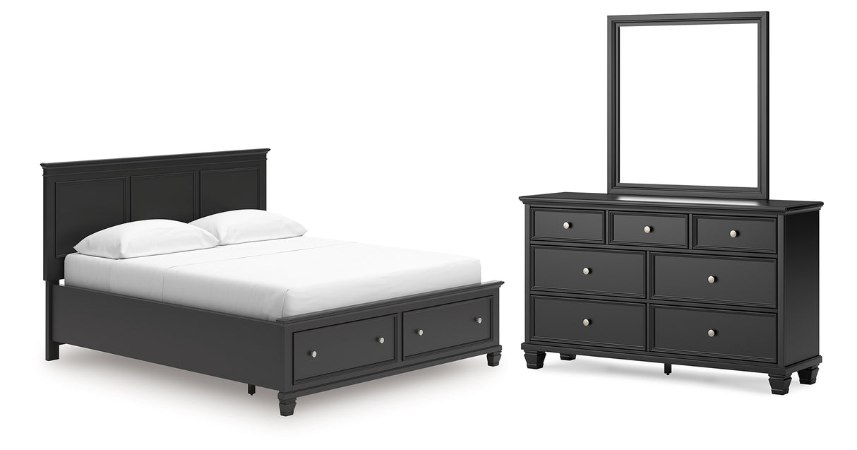 Lanolee California King Panel Storage Bed with Mirrored Dresser in Black from Ashley - Luna Furniture