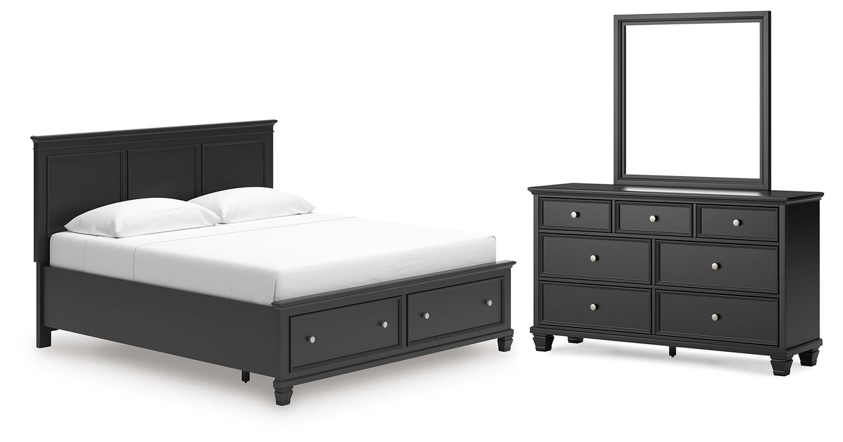 Lanolee King Panel Storage Bed with Mirrored Dresser in Black from Ashley - Luna Furniture