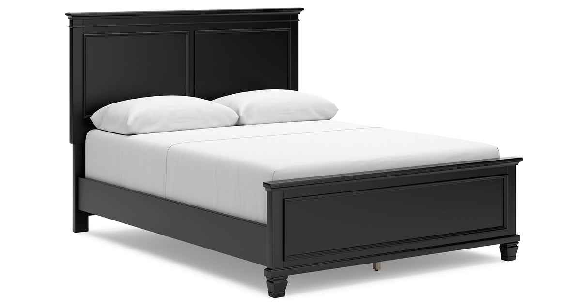 Lanolee Queen Panel Bed with Mirrored Dresser, Chest and 2 Nightstands in Black from Ashley Furniture - Luna Furniture