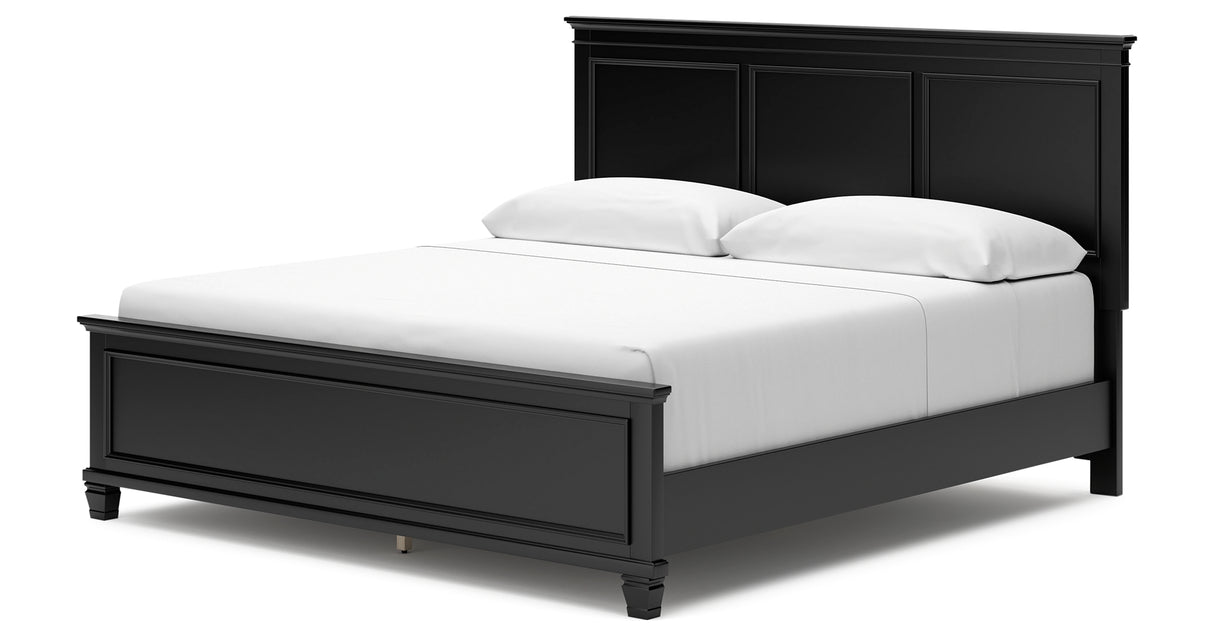 Lanolee King Panel Bed with Mirrored Dresser and Chest in Black from Ashley Furniture - Luna Furniture