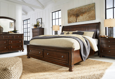 Porter Rustic Brown Sleigh Storage Platform Bedroom Set with 2 Footboard Drawers from Ashley - Luna Furniture