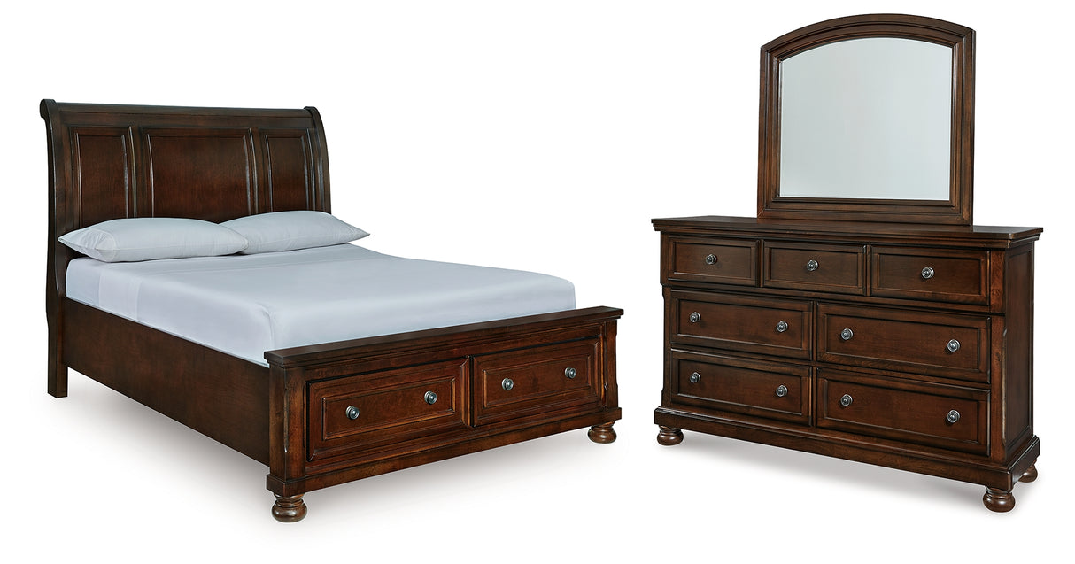 Porter Rustic Brown Queen Sleigh Storage Platform Bed, Dresser and Mirror from Ashley - Luna Furniture