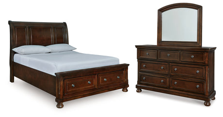 Porter Rustic Brown Queen Sleigh Storage Platform Bed, Dresser and Mirror from Ashley - Luna Furniture