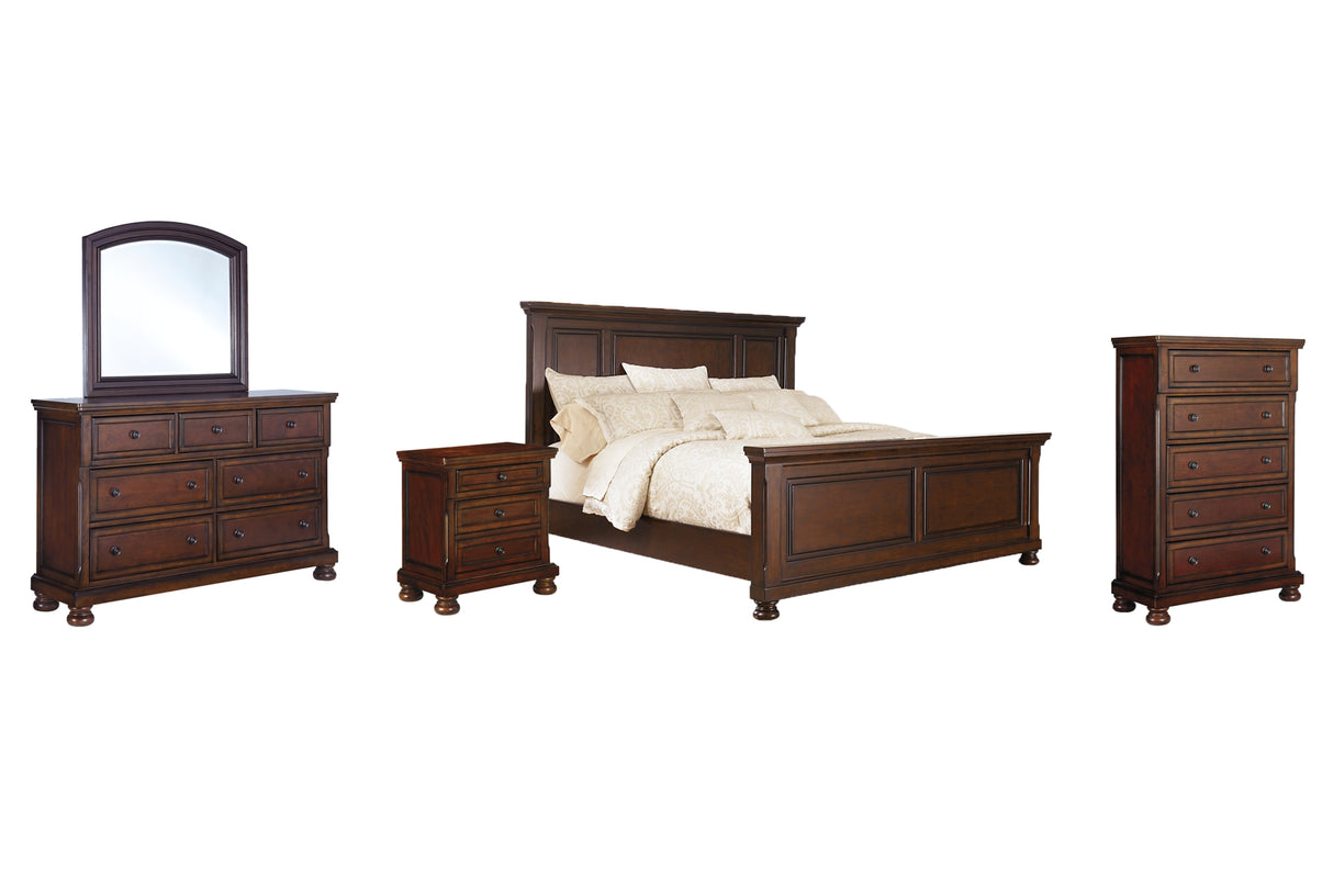 Porter California King Panel Bed with Mirrored Dresser, Chest and Nightstand in Rustic Brown from Ashley Furniture - Luna Furniture