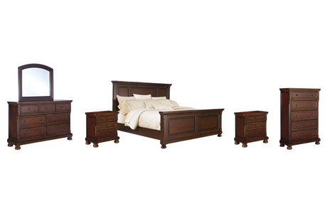 Porter Rustic Brown King Panel Bed with Mirrored Dresser, Chest and 2 Nightstands from Ashley Furniture - Luna Furniture