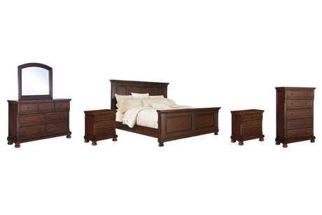 Porter Rustic Brown King Panel Bed with Mirrored Dresser, Chest and 2 Nightstands from Ashley Furniture - Luna Furniture