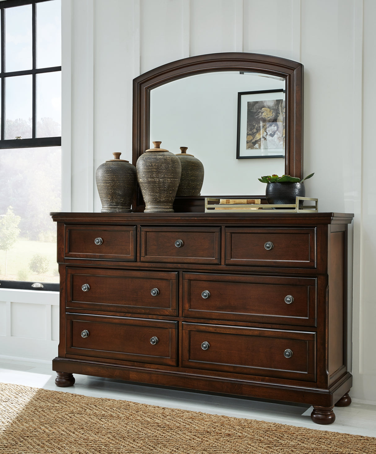 Porter California King Panel Bed with Mirrored Dresser and Chest in Rustic Brown from Ashley Furniture - Luna Furniture