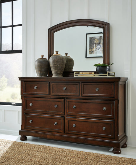 Porter California King Panel Bed with Mirrored Dresser, Chest and 2 Nightstands in Rustic Brown from Ashley - Luna Furniture