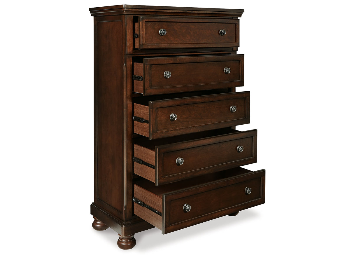 Porter California King Panel Bed with Mirrored Dresser, Chest and 2 Nightstands in Rustic Brown from Ashley Furniture - Luna Furniture