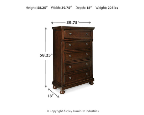 Porter California King Panel Bed with Mirrored Dresser, Chest and 2 Nightstands in Rustic Brown from Ashley - Luna Furniture