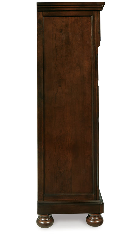 Porter California King Panel Bed with Mirrored Dresser, Chest and 2 Nightstands in Rustic Brown from Ashley - Luna Furniture