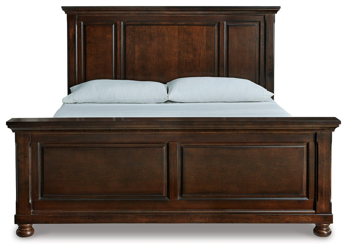 Porter California King Panel Bed with Mirrored Dresser and Chest in Rustic Brown from Ashley Furniture - Luna Furniture