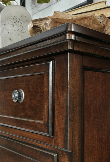 Porter California King Panel Bed with Mirrored Dresser, Chest and 2 Nightstands in Rustic Brown from Ashley - Luna Furniture