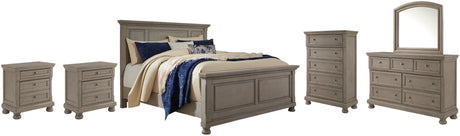 Lettner Queen Panel Bed with Mirrored Dresser, Chest and 2 Nightstands in Light Gray from Ashley - Luna Furniture