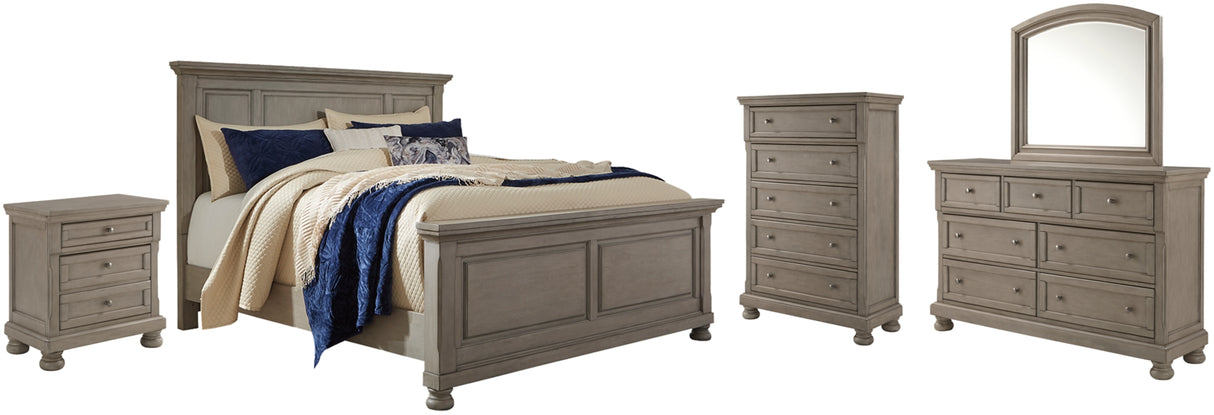 Lettner California King Panel Bed with Mirrored Dresser, Chest and Nightstand in Light Gray from Ashley Furniture - Luna Furniture