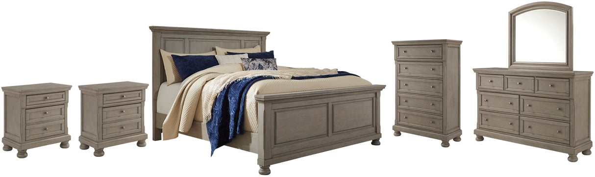 Lettner California King Panel Bed with Mirrored Dresser, Chest and 2 Nightstands in Light Gray from Ashley Furniture - Luna Furniture