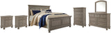 Lettner California King Panel Bed with Mirrored Dresser, Chest and 2 Nightstands in Light Gray from Ashley Furniture - Luna Furniture