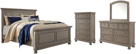 Lettner Light Gray California King Panel Bed with Mirrored Dresser and Chest from Ashley - Luna Furniture