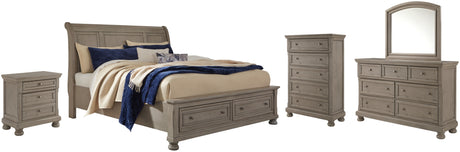 Lettner California King Sleigh Bed with Mirrored Dresser, Chest and Nightstand in Light Gray from Ashley - Luna Furniture