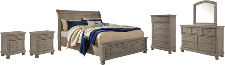 Lettner Light Gray California King Sleigh Bed with Mirrored Dresser, Chest and 2 Nightstands from Ashley - Luna Furniture