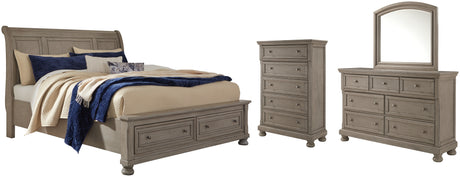 Lettner Light Gray California King Sleigh Bed with Mirrored Dresser and Chest from Ashley - Luna Furniture