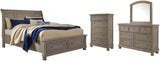 Lettner Light Gray King Sleigh Bed with 2 Storage Drawers with Mirrored Dresser and Chest from Ashley Furniture - Luna Furniture