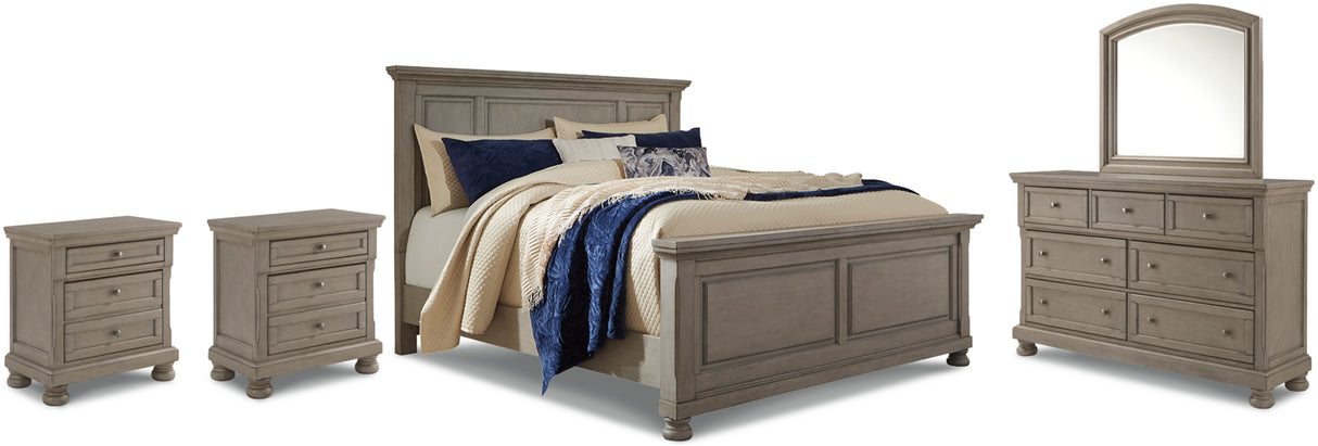 Lettner Light Gray Queen Panel Bed with Mirrored Dresser and 2 Nightstands from Ashley Furniture - Luna Furniture