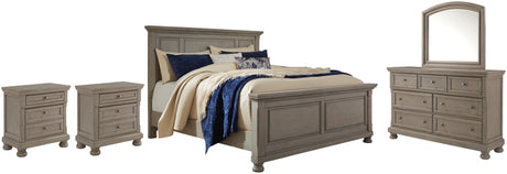 Lettner Chipped White California King Panel Bed with Mirrored Dresser and 2 Nightstands from Ashley - Luna Furniture