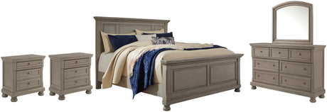 Lettner Light Gray King Panel Bed with Mirrored Dresser and 2 Nightstands from Ashley - Luna Furniture