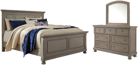 Lettner Light Gray California King Panel Bed with Mirrored Dresser from Ashley - Luna Furniture