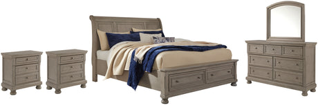 Lettner Light Gray Queen Sleigh Bed with 2 Storage Drawers with Mirrored Dresser and 2 Nightstands from Ashley - Luna Furniture