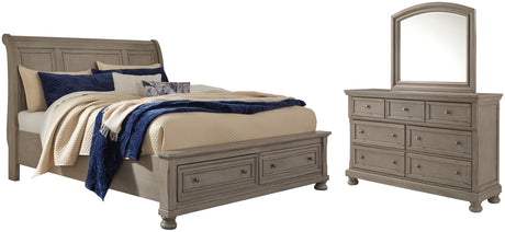 Lettner Light Gray Queen Sleigh Bed with 2 Storage Drawers with Mirrored Dresser from Ashley - Luna Furniture