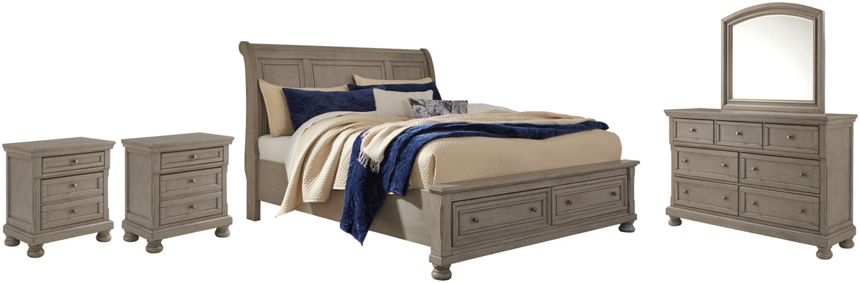 Lettner Light Gray California King Sleigh Bed with Mirrored Dresser and 2 Nightstands from Ashley Furniture - Luna Furniture