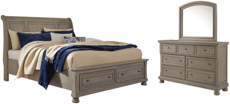 Lettner Light Gray King Sleigh Bed with 2 Storage Drawers with Mirrored Dresser from Ashley - Luna Furniture