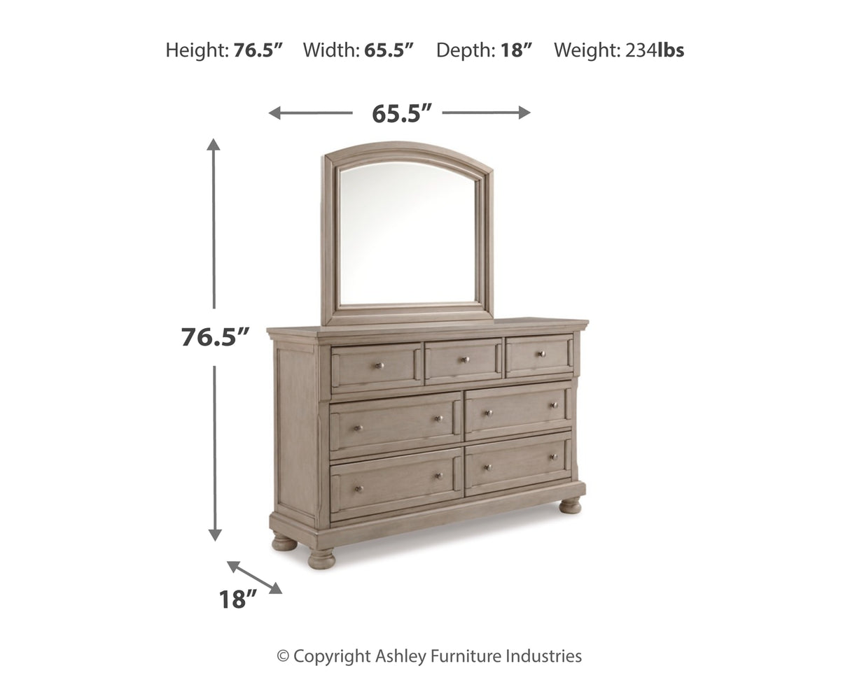 Lettner King Panel Bed with Mirrored Dresser, Chest and 2 Nightstands in Light Gray from Ashley Furniture - Luna Furniture