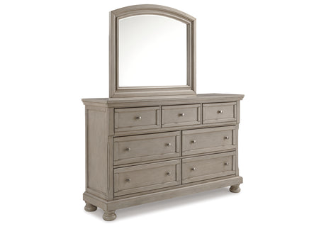 Lettner King Panel Bed with Mirrored Dresser, Chest and 2 Nightstands in Light Gray from Ashley - Luna Furniture