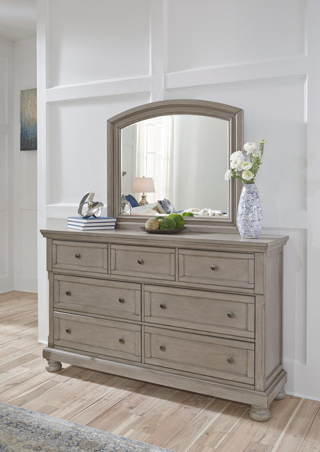 Lettner Light Gray Queen Panel Bed with Mirrored Dresser from Ashley Furniture - Luna Furniture