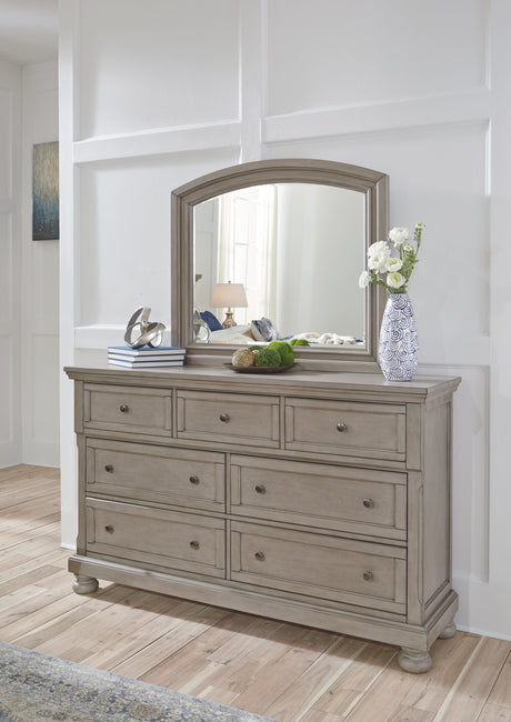 Lettner King Panel Bed with Mirrored Dresser, Chest and 2 Nightstands in Light Gray from Ashley - Luna Furniture