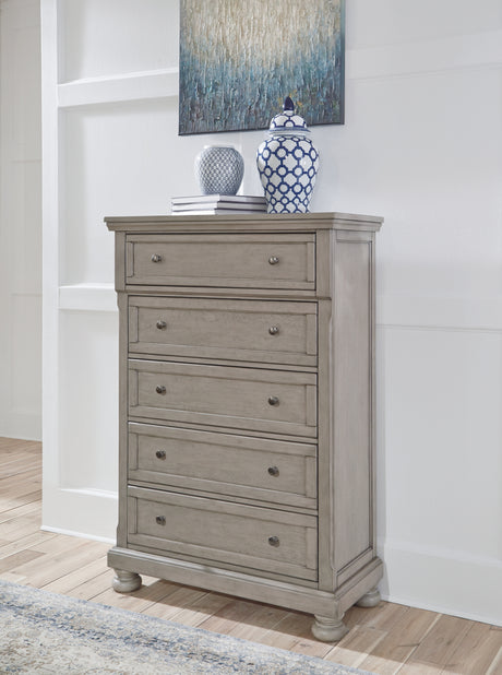 Lettner King Panel Bed with Mirrored Dresser, Chest and 2 Nightstands in Light Gray from Ashley - Luna Furniture