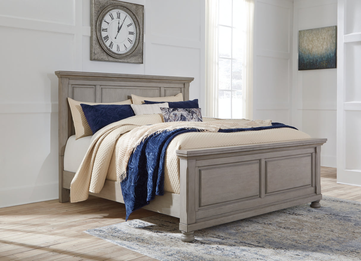Lettner King Panel Bed with Mirrored Dresser, Chest and 2 Nightstands in Light Gray from Ashley Furniture - Luna Furniture