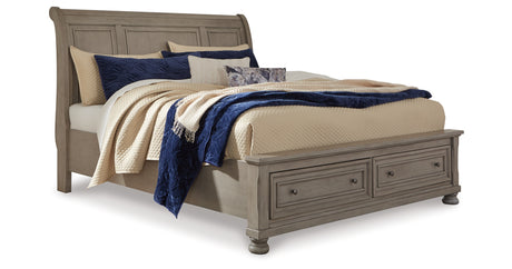 Lettner Light Gray Queen Sleigh Bed with 2 Storage Drawers with Mirrored Dresser and 2 Nightstands from Ashley Furniture - Luna Furniture