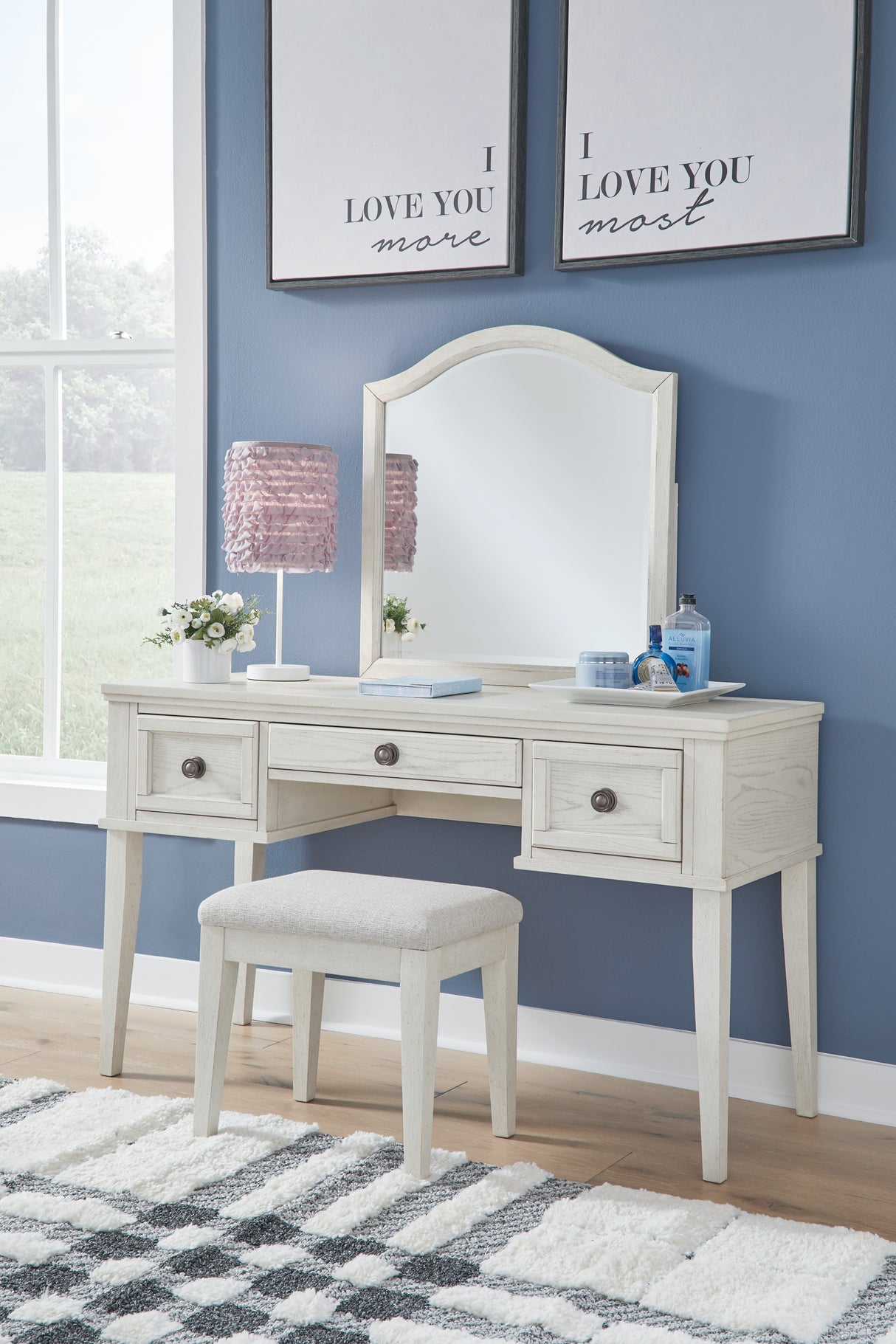 Robbinsdale Antique White Mirrored Vanity with Bench from Ashley - Luna Furniture